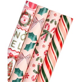 WRAPAHOLIC 30 Inch Christmas Wrapping Paper Roll - Jumbo Roll Red and Green Christmas Decor, Candy Canes, Holly and Bow Wrapping Paper - 4 Rolls - 30 Inch x 120 Inch Per Roll