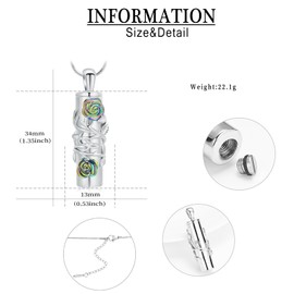 VCCWYQK Rose Flower Urn Necklace Cylinder Bar Urn Necklace for Ash Pendant Necklace Keepsake for Ashes Memory Keepsake Cremation Memorial Jewellery for Women, Stainless Steel, No Gemstone