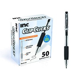 Inc, Clip Clicks 50 Count Retractable Black Ballpoint Pens Medium Point 1.0 mm with Comfort Grip for Smooth Writing, Long Lasting Ink for for Everyday Use in School, Office, College, University…