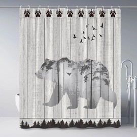 Bear Rustic Shower Curtain for Bathroom Wildlife Animal Cabin Farmhouse Wood Planks Country Lodge Claws Print Retro Farm Bathroom Decor Polyester Curtains Set with Hooks 70Wx70H Inch