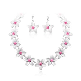 EVER FAITH Flower Jewelry Sets for Women, Dainty White Pink Enamel Faux Pearl Bead Wedding Party Choker Necklace Hook Earrings Set Summer Beach Accessories for Women