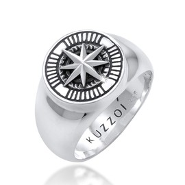 Kuzzoi 0605832820 Men's Signet Ring, Round, Solid 15 mm Wide in 925 Sterling Silver, Black Oxidised with Compass Symbol, Ring for Men in Ring Size 60 - 66, Sterling Silver