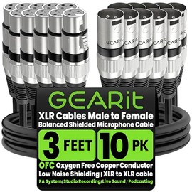 GearIT - Cable de micrófono XLR a XLR (90 cm, 10 unidades) XLR macho a hembra, cable XLR blindado equilibrado de 3 pines para mezclador de micrófono, estudio de grabación, podcast, color negro