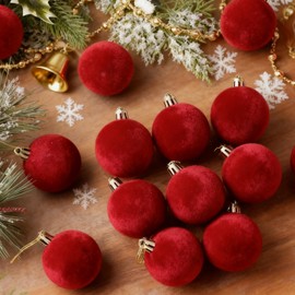 Set of 15 Christmas Ornaments Christmas Tree Decoration Red Velvet Ball Tree Flock Ornament Ball for Family Holiday Wedding Party Hanging Decoration (1.2 inches)