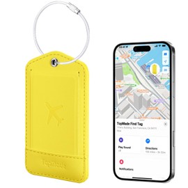 TopMade Smart Luggage Tag with Apple Find My, Premium Leather Luggage Tags for Suitcase, Travel Bags, Backpacks, Anti-Loss Luggage Tag Tracker for Travel with Privacy Name Id Card, Rechargeable,Yellow