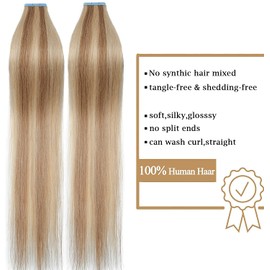 22 inches SEGO Tape in Hair Extensions Real Remy Human Hair 40PCS [#18/613 Ash Blonde&Bleach Blonde] Full Head Hairpieces Invisible Straight Skin Weft Seamless (100g)
