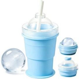 2-in-1 Collapsible Silicone Ice Ball Maker Cup, Reusable Portable Large Ice Sphere Mold with Straw & Lid, Easy to Demo, Leakproof Travel Ice Mold Cup for Bourbon,Cocktails,Juice,Tea & Coffee (Blue)