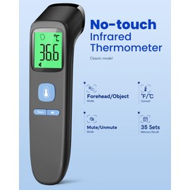 Forehead Thermometer for Adults, No-Touch Infrared Digital Thermometer for Kids, Non Contact Baby Thermometer, Accurate Reading with Large Display, Fever Alarm, Mute Mode, Memory Recall