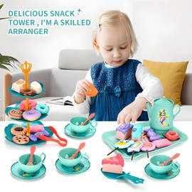 [2025] 44Pcs Mermaid Tea Party Set for Little Girls,Birthday Gifts for Age 3 4 5 6 Year Old Girls,Pretend Tin Teapot, Cups, Plates,and Food Sweet Treats Playset for Princess Tea Time