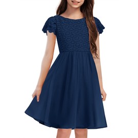 HOSIKA Girls White Dress Floral Lace Chiffon Flower Girls Boho Wedding Guest Dress for 12-13 Years Navy Blue