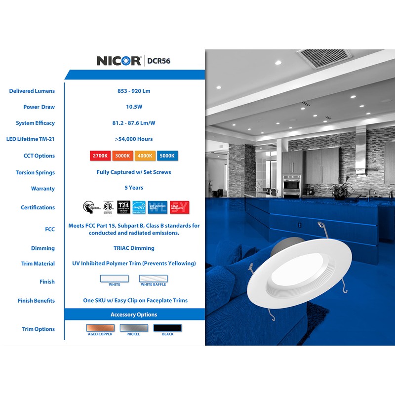 NICOR Lighting DCR561081203KWHBF LED Downlights, White Baffle