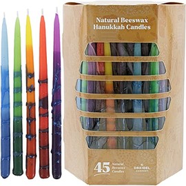 Dripless Hanukkah Candles Multicolored 100 Perrcent Beeswax, Hand-Made Striped Deluxe Tapered Decorations, Chanukkah Menorah Candles for All 8 Nights of Chanukah (Striped Multicolor Beeswax)