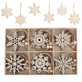 ilauke 24PCS Christmas Wooden Ornaments, Wooden Snowflake Embellishments Christmas Tree Hanging Ornaments Wood Snowflake for DIY Crafting Christmas Party and Home Decor