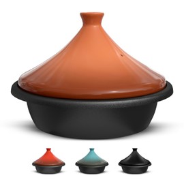 KooK Moroccan Tagine, Enameled Cast Iron Cooking Pot, Tajine with Ceramic Cone-Shaped Closed Lid, 3.3 QT, (Terracotta)