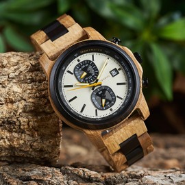 2win Wooden Watch for Men Luxury Chronograph Military Quartz Wrist Watch Date Display Stylish Natural Watch Unique Gift for Him (Champagne)