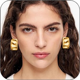 Chunky Gold Rectangle Stud Earrings for Women Extra Large Drop Earring Dupes Hypoallergenic Big Oversize Heart Oval Ball Trendy Gold Silver Earrings Minimalist Geometric Earrings for Women (Gold Square-A)