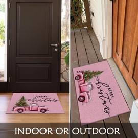 Supwhd Pink Christmas Door Mat, Merry Christmas Tree Pickup Truck Door Mat, Christmas Outdoor Mat for Front Door Porch, Christmas Bath Mat, Christmas Front Door Mat, Christmas Welcome Mat, 17x30 Inch