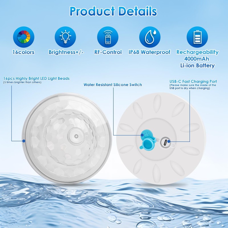 QOLNBY Floating Pool Lights, Rechargeable Pool Lights with 6 Dynamic