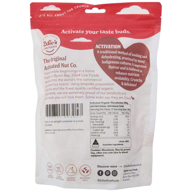 2Die4 Live Foods Activated Organic Macadamias 500g