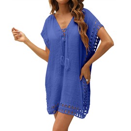 Adisputent - Traje de baño para mujer, para traje de baño, malla de ganchillo, vestido de gasa, cubierta de playa en V profundo, Azul, Talla única Más