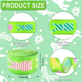 Easter Fabric Ribbons 10 Yards, Easter Day Green Spots Rabbits Pattern Burlap Edge Wired Ribbon for Easter Gift Wrapping Home Party Decoration Tree Crafts Supplies - 2.5 Inch x 10 Yards x 1 Roll