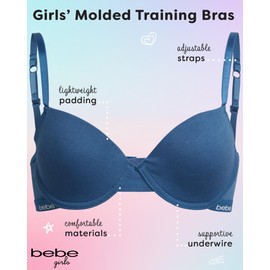 Bebe - Brasier de entrenamiento para niñas, paquete de 3 sujetadores moldeados suaves con correas ajustables, brasier de entrenamiento para niñas (copa A/copa B), Azul marino/gris topo, 34A