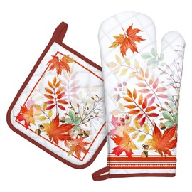 Arquiel Fall Mapel Leaf Oven Mitts and Pot Holders Sets 2Pcs, 100% Cotton Heat Resistant, Extra Long Oven Gloves Potholder for Kitchen Cooking Baking Decoration