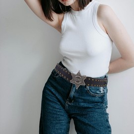 Blindery Leather Belts Ladies Vintage Western Waist Belt Jeans Belt Cowgirl Floral Engraved Tooled Leather Belt for Women, Start-black, normal