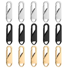 Pack of 15 Zip Pull Zip Replacement Detachable Zips Universal Zip Pull for Clothing Jeans Luggage Backpack Handbag (Black Silver Gold)