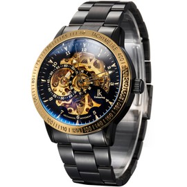 Alienwork IK Automatic Watch Men Women Skeleton Glass Base, Iris Glass/Black/Gold/Black/Gold Movement/Metal Strap Black, Bracelet