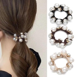 HAPVITAL Hair Elastics [Set of 3], Hair Ties, Hair Ornament, Fashionable, Office, Commute, Adult, Simple, Trendy, Accessory, Stylish, Cute, Gift (Pearl Crystal Design)