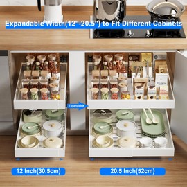 Mustorn 2 Pack Pull Out Cabinet Organizer Expandable, 21" Deep Slide Out Drawer for Cabinets Adhesive Pull Out Drawers Heavy Duty Pull Out Shelves for Kitchen, Cupboard, Pantry, Bathroom(White)