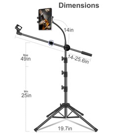 Mic Stand, Microphone Stand Floor Boom Mic Stand with Tablet Phone Holder Height Adjustable Four-legged Stand Gooseneck Boom Arm with 2 Mic Clips for Singing Stage Performance Party