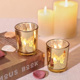 Gold Votive Candle Holders Set, 12 PCS Tea Lights Candle Holder Decorative Bulk with Butterfly Pattern, Candle Holders for Wedding Table, Birthday, Home Decor, Party Supply