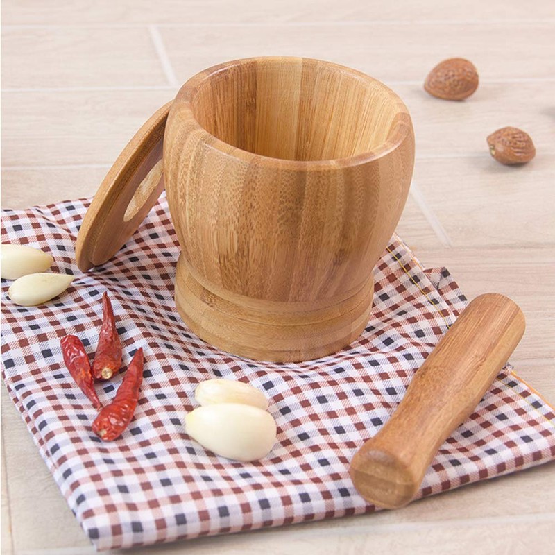Bamboo Mortar and Pestle Set with Lid Spice Grinder Kitchen