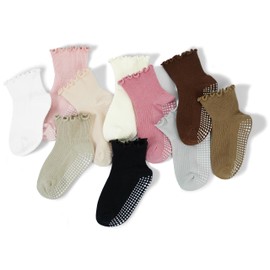 Sooneeya Toddler Ruffle Crew Socks Girls Anti-Slip Grips Sock Comfy and Casual for Kids Indoor 1-2T 6 Pairs White Beige Orange Khaki Deep Khaki Brown