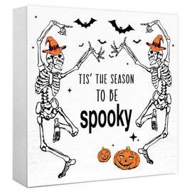 Funny Autumn Skeleton Wood Box Sign It's the Season to be Spooky Wooden Block Desk Decor for Home Office Kitchen Cubicle Table Shelf Tabletop,Farmhouse Fall Sign Decor