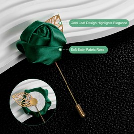 M METERXITY 12-Pack Flower Lapel Pins for Men, Golden Leaf Rose Boutonnieres Pin for Wedding/Dance/Party, Mens Lapel Pins for Suits Satin Flower Corsage Hat Pins [Dark Green]