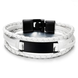 COOLSTEELANDBEYOND Three Rows Black ID Identification White Braided Leather Bracelet for Men Women, White faux leather, Non-applicable