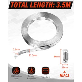 3.5 Metres Hose Clips, Jeboler 304 Stainless Steel Hose Clamp with 10Pcs Fasteners DIY Worm Clamp Adjustable Pipe Clamp, Hose Pipe Clips Assortment Tube Joining Clips for Pool Fuel Line and Garden