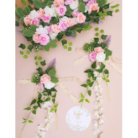 Garisey 10pcs Wedding Aisles Decorations Pew Flowers Set, Artificial Silk Roses & Greenery Chair Decor with 10 Favors Fans for Wedding Ceremony, Party Decorations, Church Pew Back Decor Pink Champagne