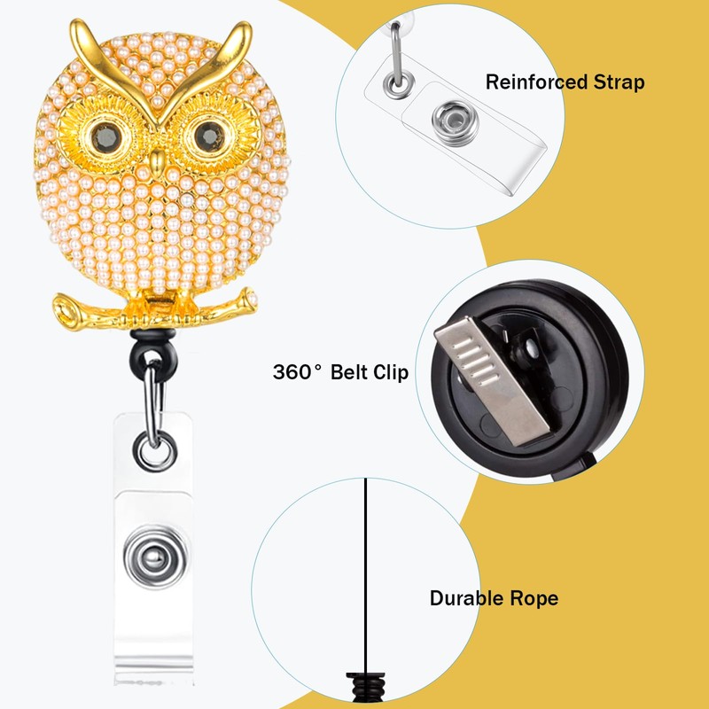 Cute Owl Retractable Badge Reel Rhinestone Badge Holder Retractable Clip
