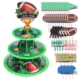 RANERVZ Football Party Cupcake Stand Decoration 3-Tier Super Bowl Party Cupcake Holder with 48Pcs Cupcake Toppers Sports Theme Birthday Party Dessert Stand Tower for Football Sports Party Decoration