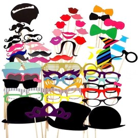 Party Props for Photo Booth Birthday Wedding Kids Adult Prom 58 Pcs, DIY Funny Ronwace Costumes with Mustache on a Stick, Hats, Glasses, Mouth, Bowler, Bowties