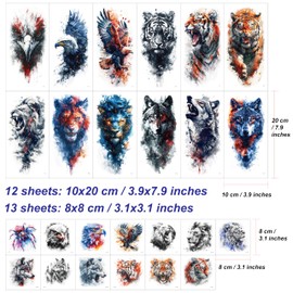 Everjoy 25 Sheets Tough Beast Temporary Tattoo Stickers, 12 Sheets Large Arm Watercolor Animals, Fake Tattoos, 13 Pieces Small Animal Tattoo Stickers for Men and Women