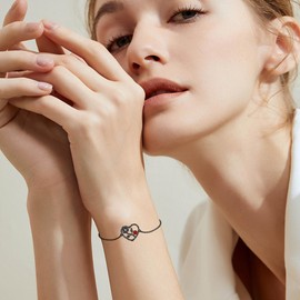 URONE Black Rose Bracelet Sterling Silver Rose Heart Pendant Gothic Rose Jewelry Gifts for Women, Sterling Silver, No gemstone