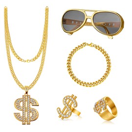 JurciCat Costume 5 Pieces Hip Hop Dollar Chain & Ring Shadow Wizard Money Gang Gold Chain Sunglasses 80s and 90s Outfit Men's Accessories Carnival Costume, gold