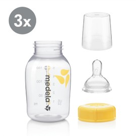 Medela Slow Flow Feeding & Storage Bottles, 3 Pack of 5 Ounce Bottle with Nipple, Lids, Wide Base Collars, and Travel Caps, Made Without BPA
