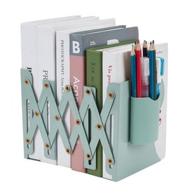 UNICRAFTALE Adjustable Bookends for Shelves Metal Book Ends Dark Sea Green Book Stopper Organzier with Removable Pen Holder for Heavy Books Magazine Holder for Office School Bookstore Study Room