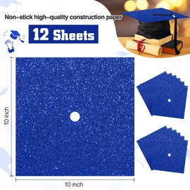 Gersoniel 12 Sheets Glitter Construction Paper for Grad Caps 10" x 10" 250 GSM Cardstock Graduation Hat Decorations for DIY Grad Caps Toppers Craft(Royal Blue)